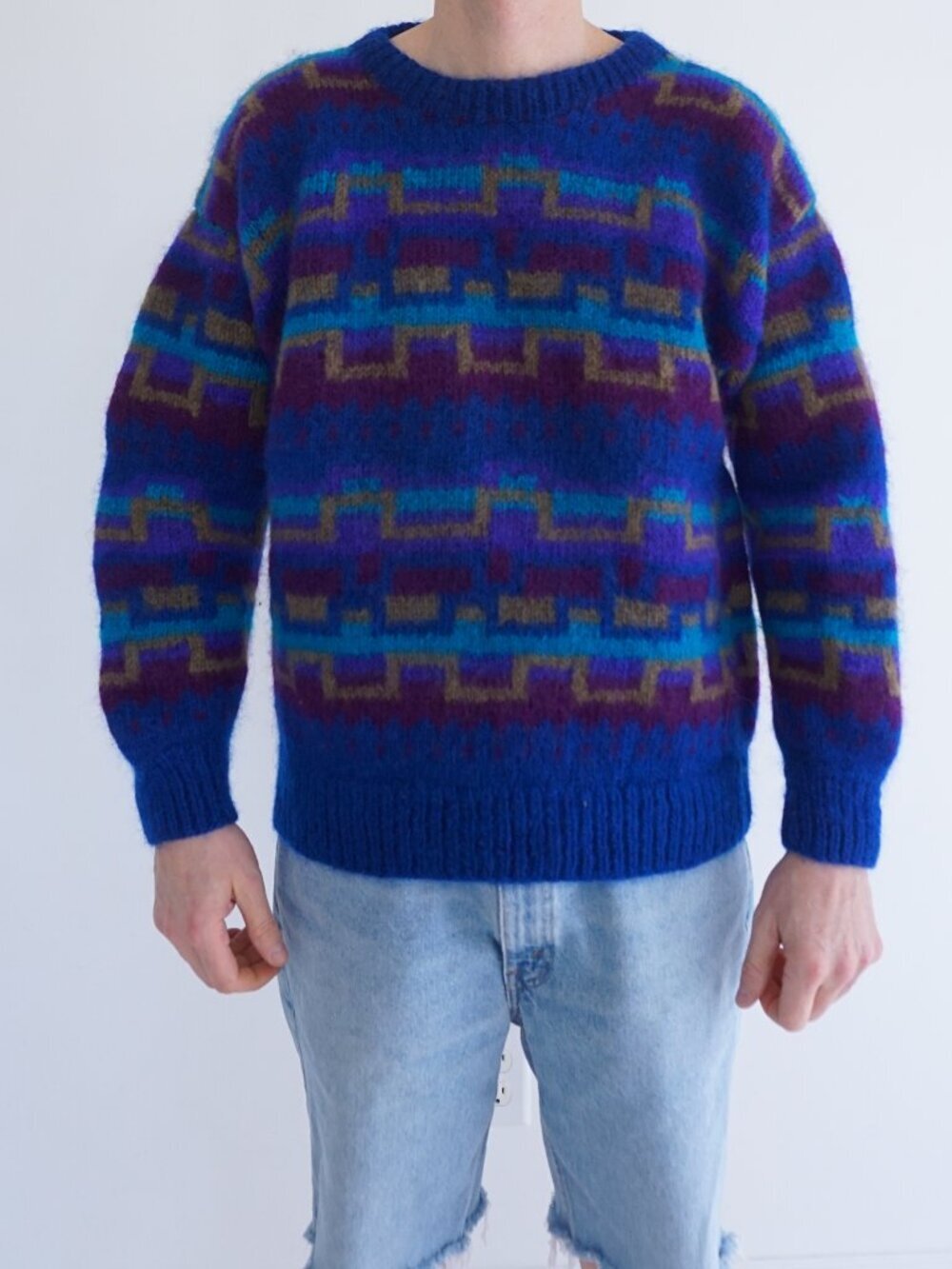 Handmade Nepal Blue Purple Geometric Fuzzy Wool Nordic Knit Sweater Nordic L